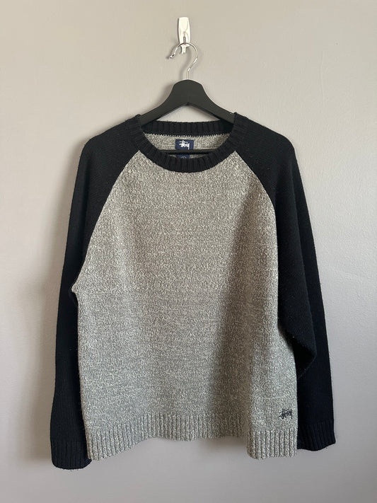 Vintage 90s STUSSY Raglan Wool Acrylic Sweater Black Grey Large Streetwear Knit