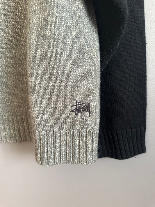 Vintage 90s STUSSY Raglan Wool Acrylic Sweater Black Grey Large Streetwear Knit